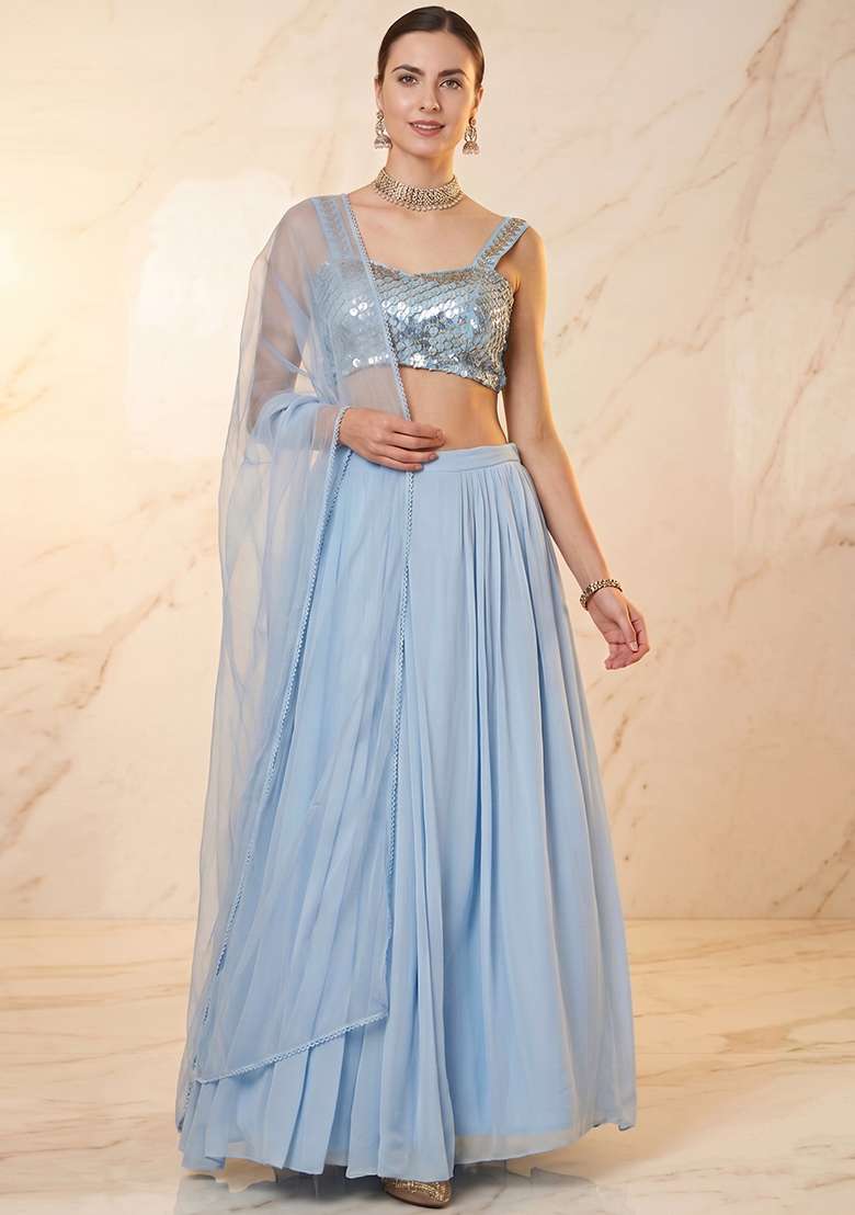 Pastel Blue Embroidered Handwork Lehenga Set - Indya
