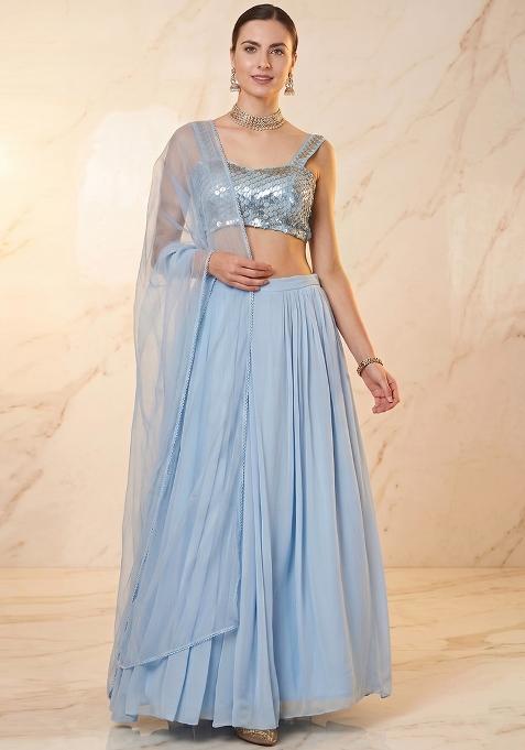 Pastel Blue Embroidered Handwork Lehenga Set
