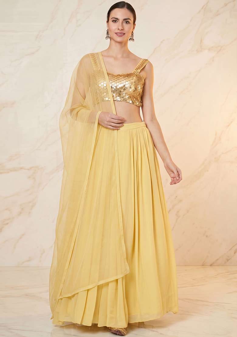 Pastel Yellow Embroidered Handwork Lehenga Set - Indya