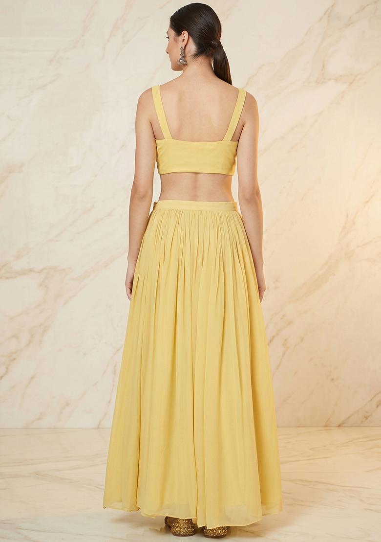 Pastel Yellow Embroidered Handwork Lehenga Set - Indya