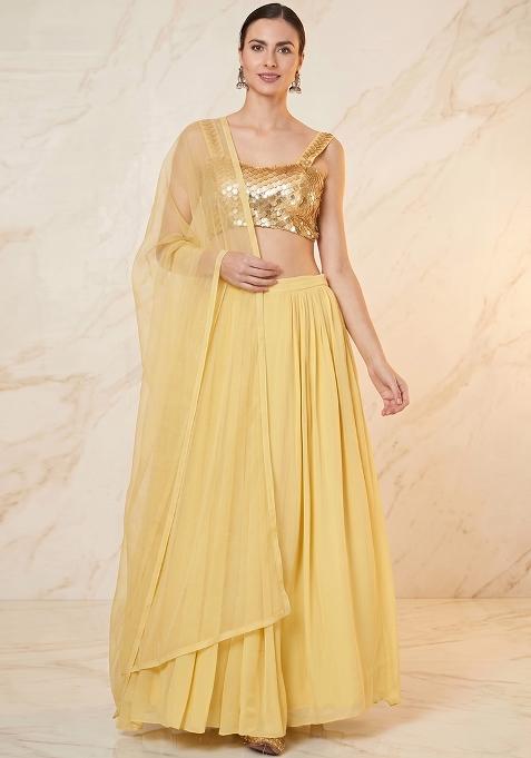 Pastel Yellow Embroidered Handwork Lehenga Set
