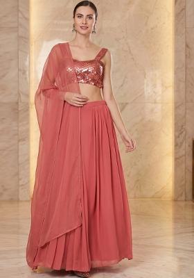 Muted Coral Embroidered Handwork Lehenga Set