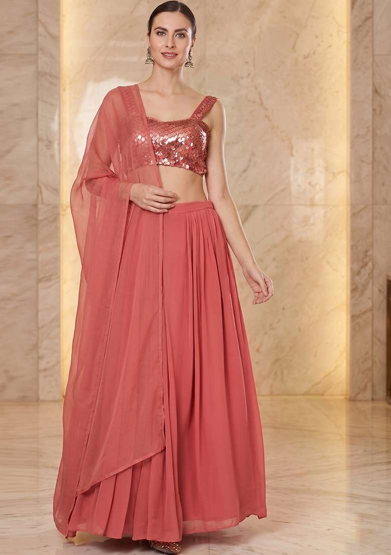 Muted Coral Embroidered Handwork Lehenga Set - Indya