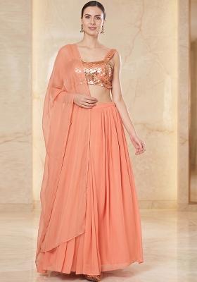 Coral Embroidered Handwork Lehenga Set