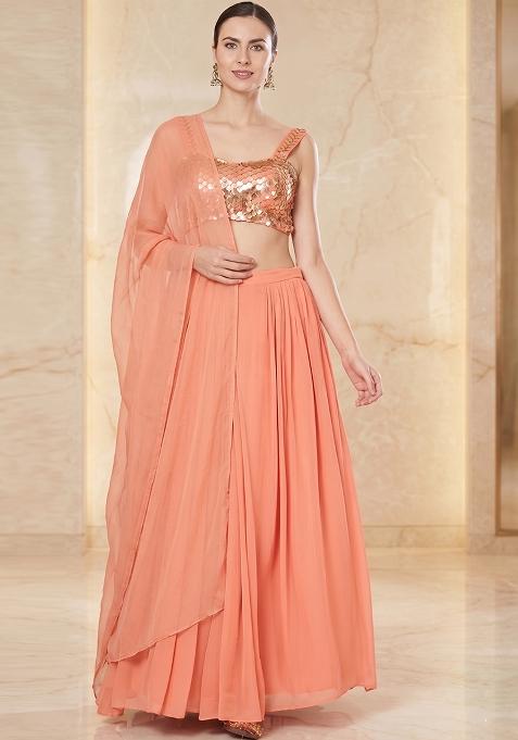 Coral Embroidered Handwork Lehenga Set