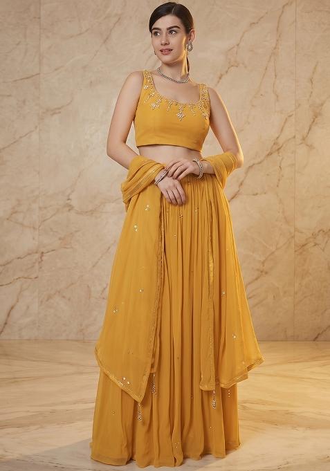 Mustard Embroidered Handwork Lehenga Set