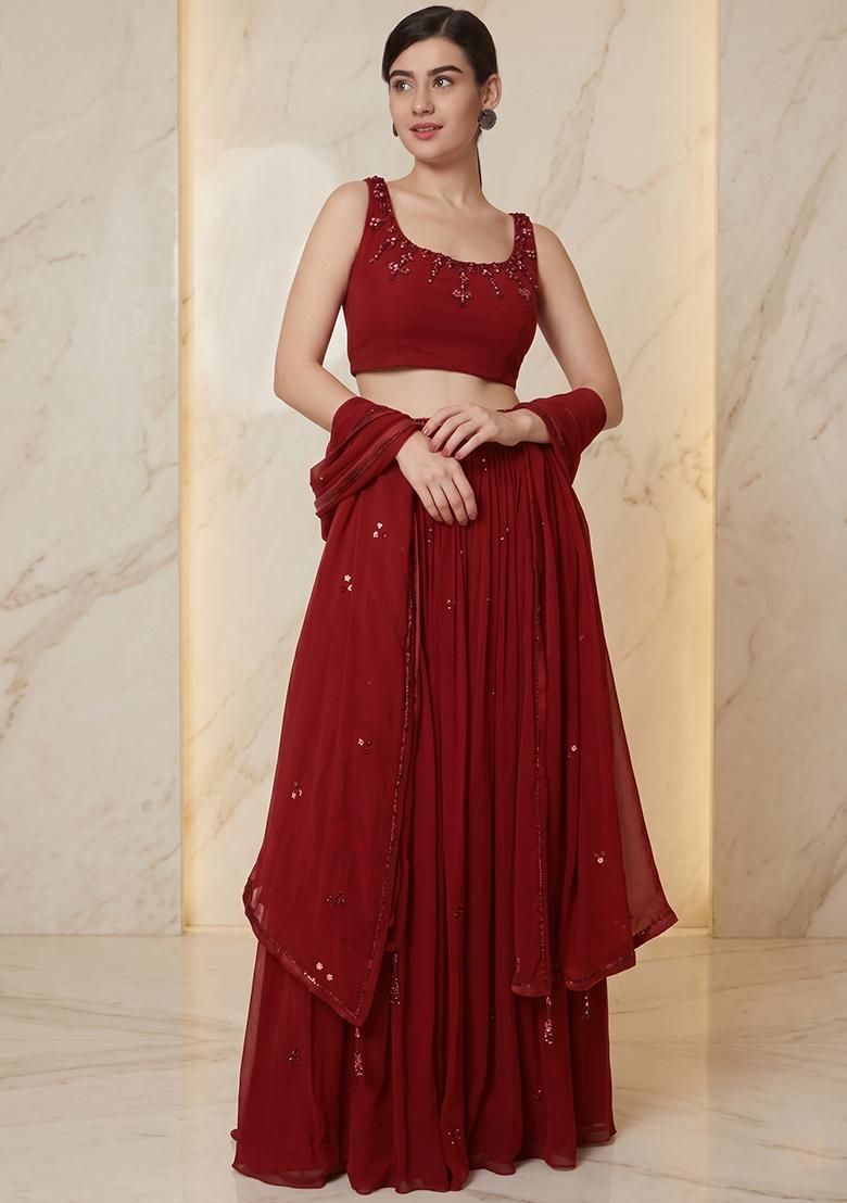 Maroon Embroidered Handwork Lehenga Set - Indya