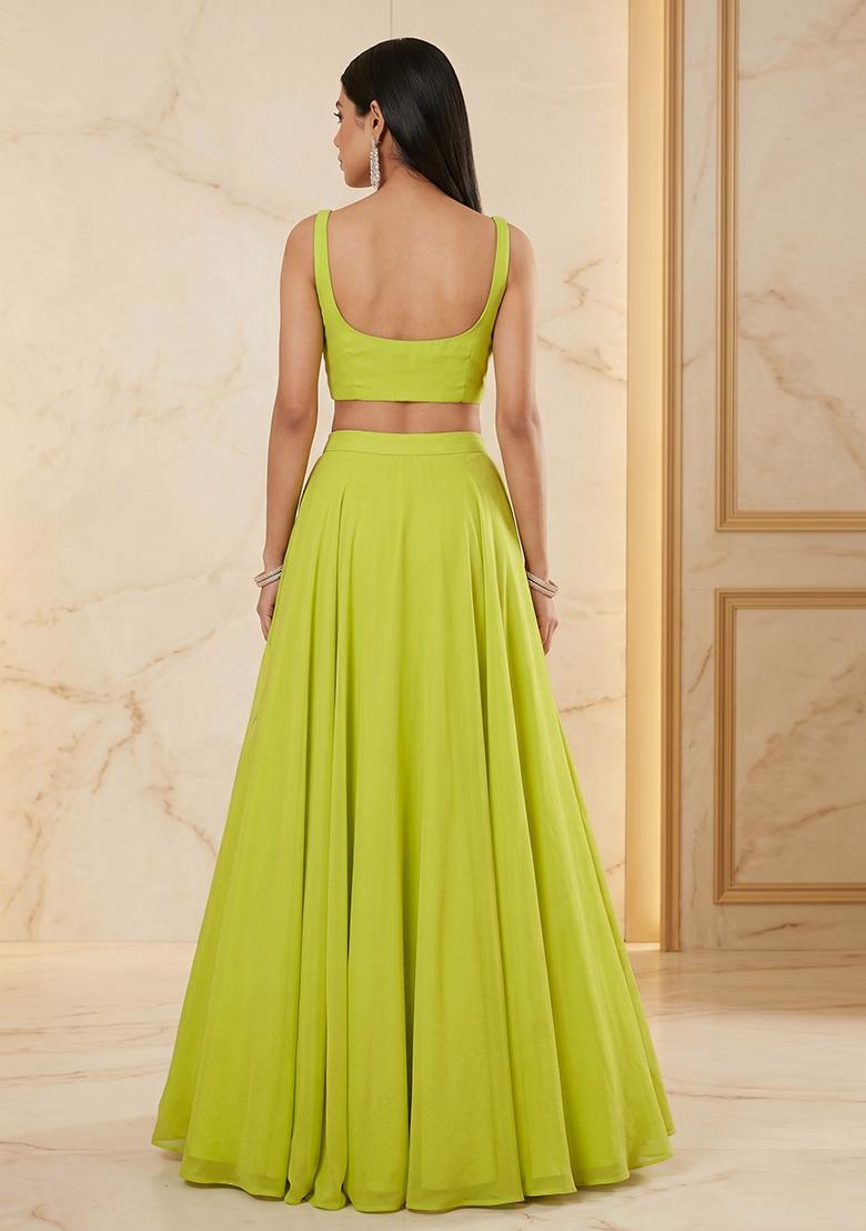 Lime Green Embroidered Handwork Lehenga Set - Indya