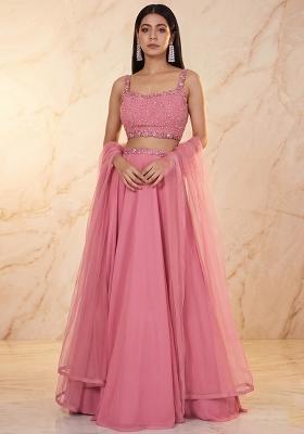 Onion Pink Embroidered Handwork Lehenga Set