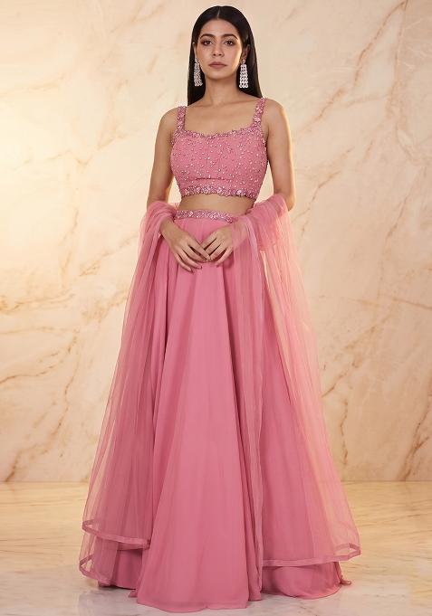 Onion Pink Embroidered Handwork Lehenga Set