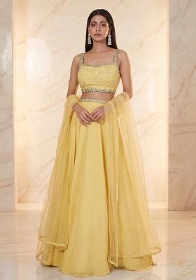 Lemon Yellow Embroidered Handwork Lehenga Set