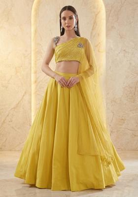 Lemon Yellow Embroidered Handwork Lehenga Set