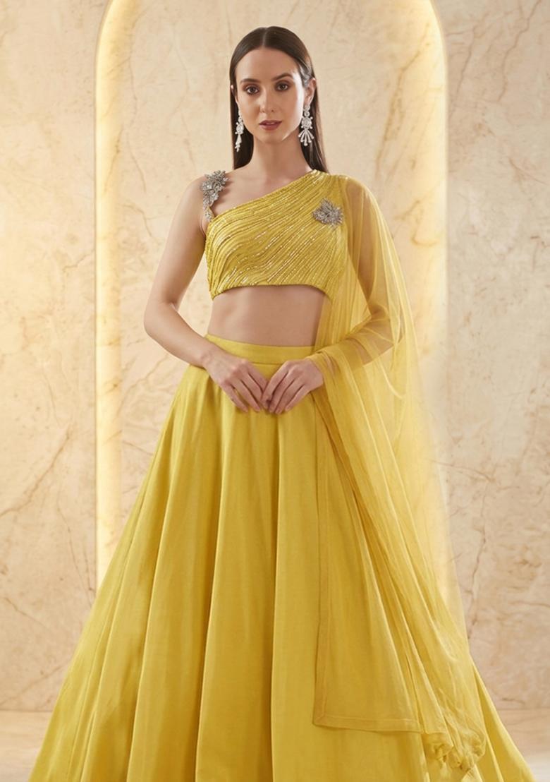 Lemon Yellow Embroidered Handwork Lehenga Set - Indya