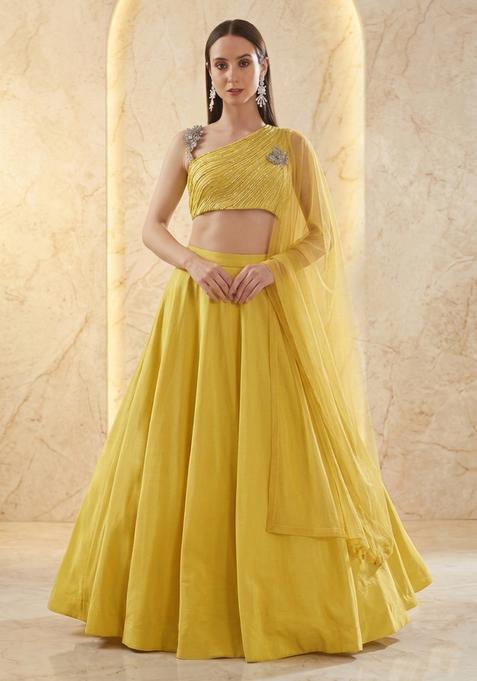 Lemon Yellow Embroidered Handwork Lehenga Set