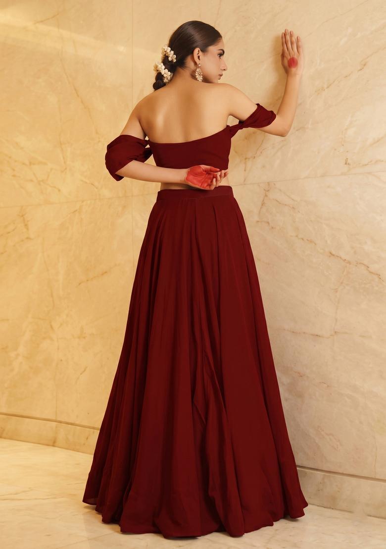 Maroon Embroidered Handwork Fusion Set - Indya