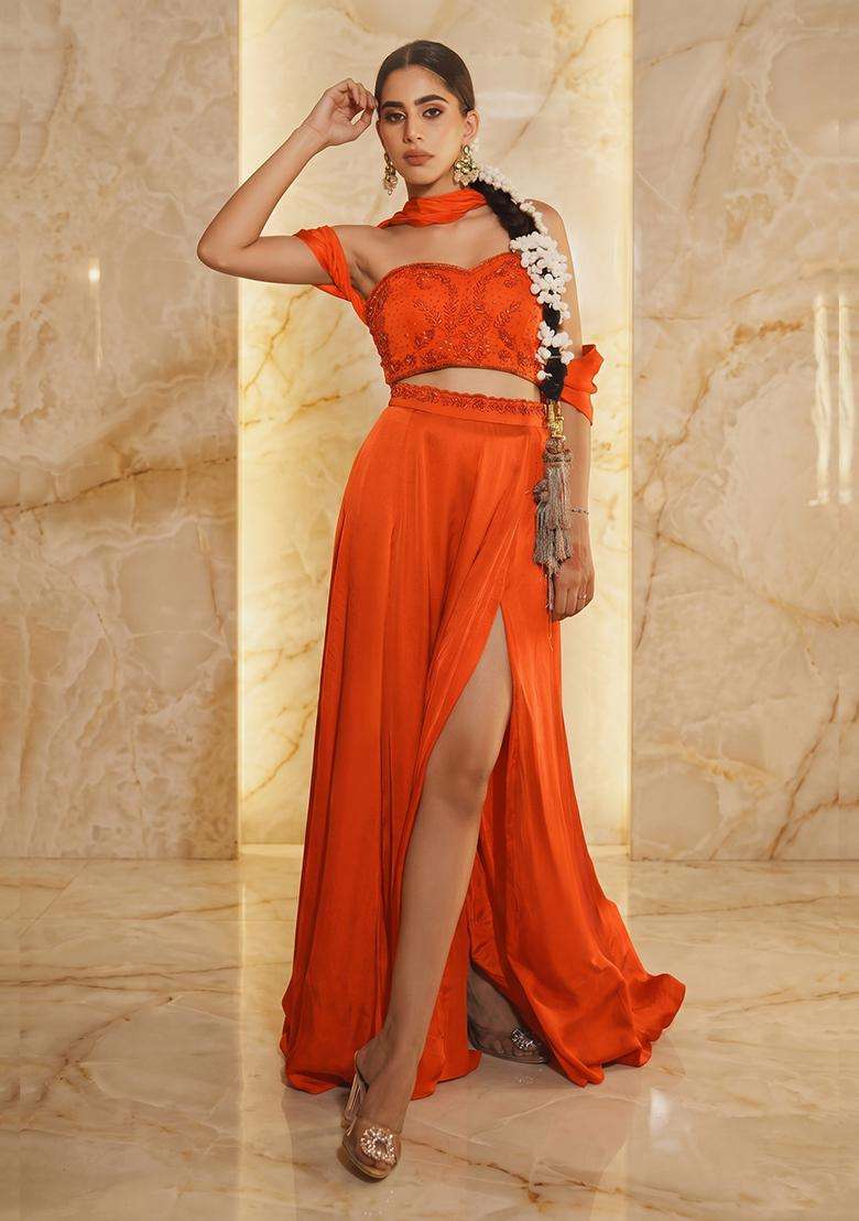 Orange Embroidered Handwork Fusion Set - Indya