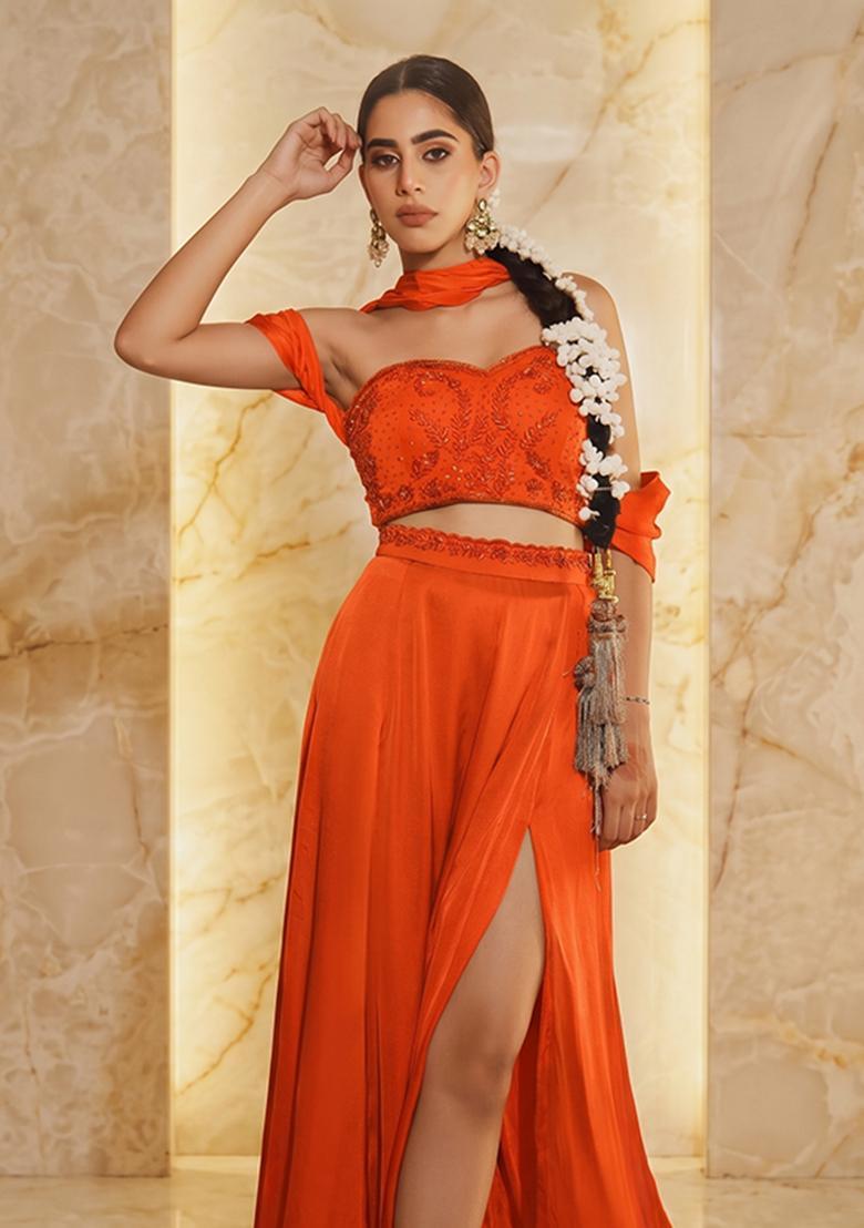 Orange Embroidered Handwork Fusion Set - Indya