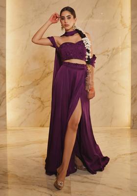 Purple Embroidered Handwork Fusion Set