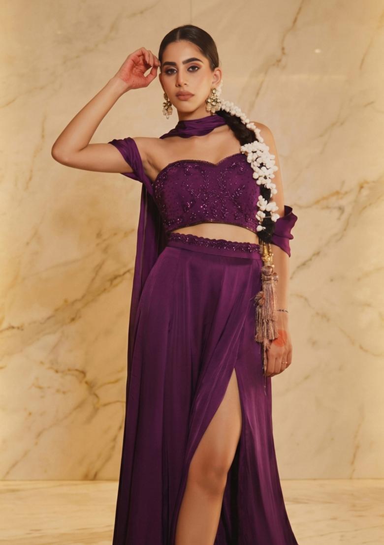 Purple Embroidered Handwork Fusion Set - Indya
