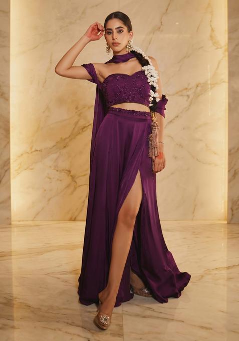 Purple Embroidered Handwork Fusion Set