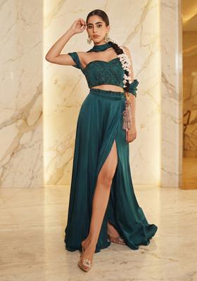 Bottle Green Embroidered Handwork Fusion Set