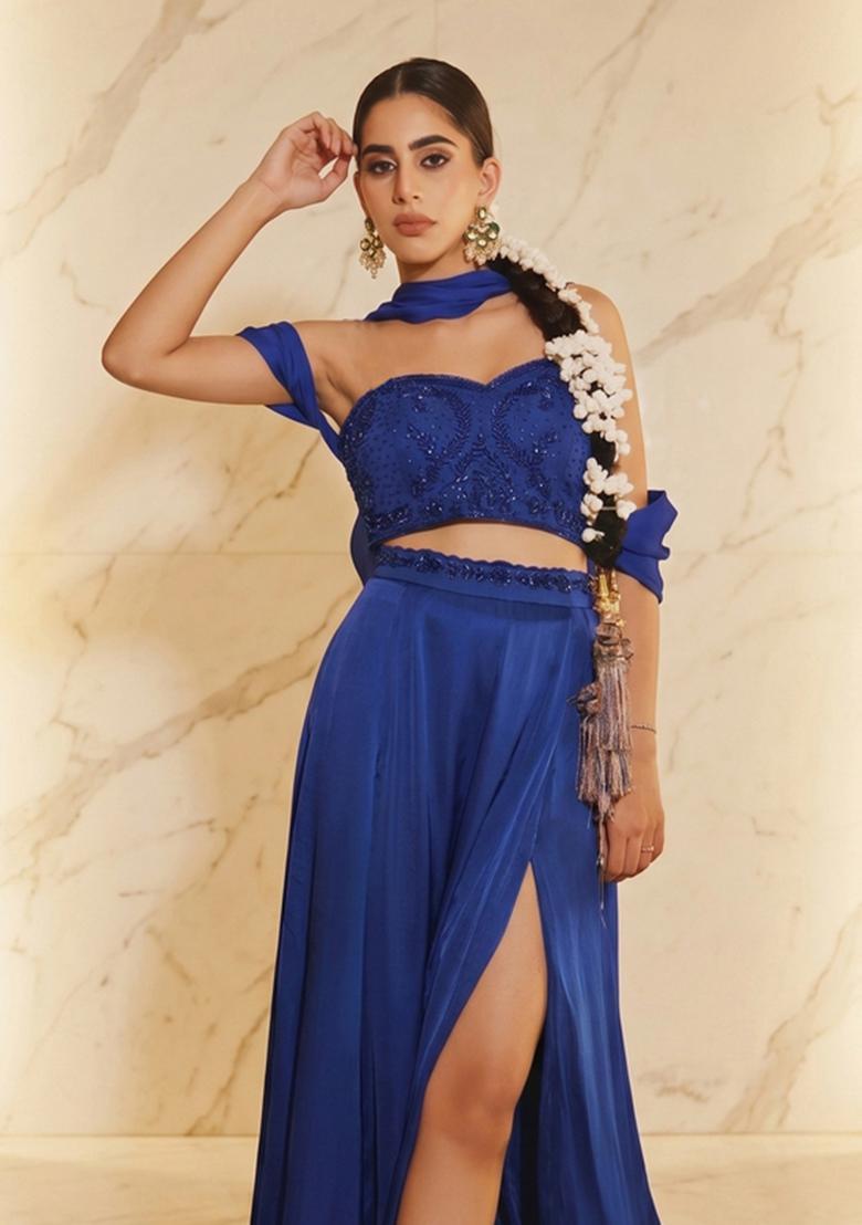 Royal Blue Embroidered Handwork Fusion Set - Indya
