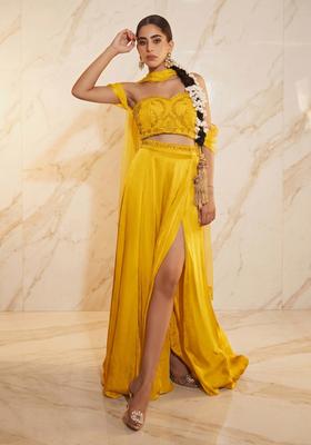 Mustard Embroidered Handwork Fusion Set