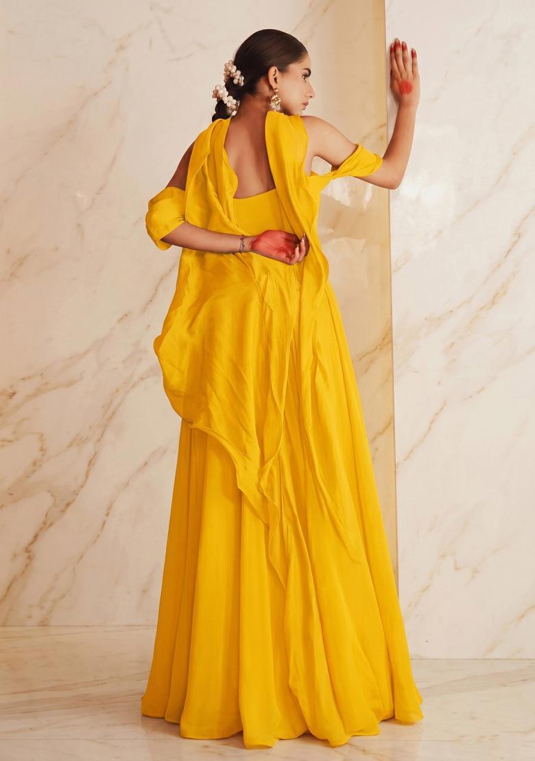 Mustard Embroidered Handwork Fusion Set - Indya