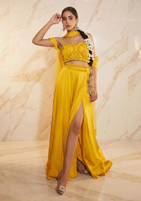 Mustard Embroidered Handwork Fusion Set