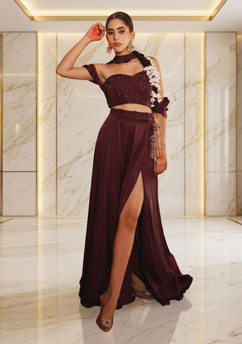 Coffee Brown Embroidered Handwork Fusion Set - Indya