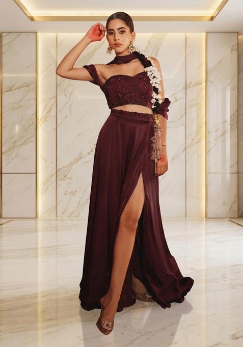 Coffee Brown Embroidered Handwork Fusion Set