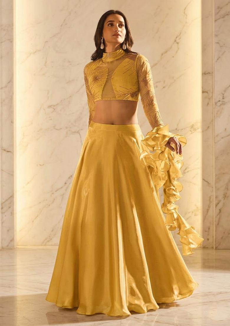Mustard Embroidered Handwork Fusion Set - Indya