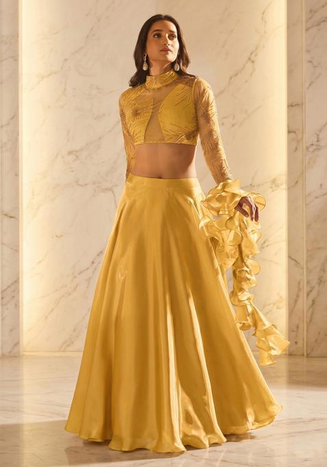 Mustard Embroidered Handwork Fusion Set