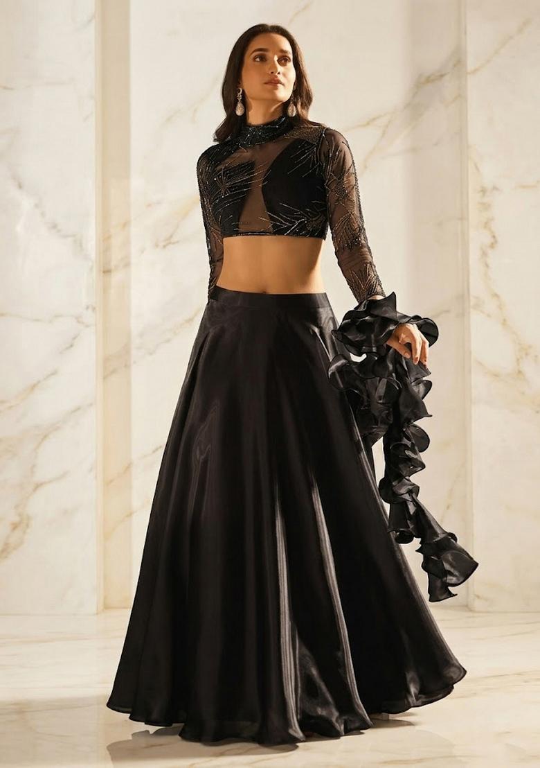 Black Embroidered Handwork Lehenga Set - Indya