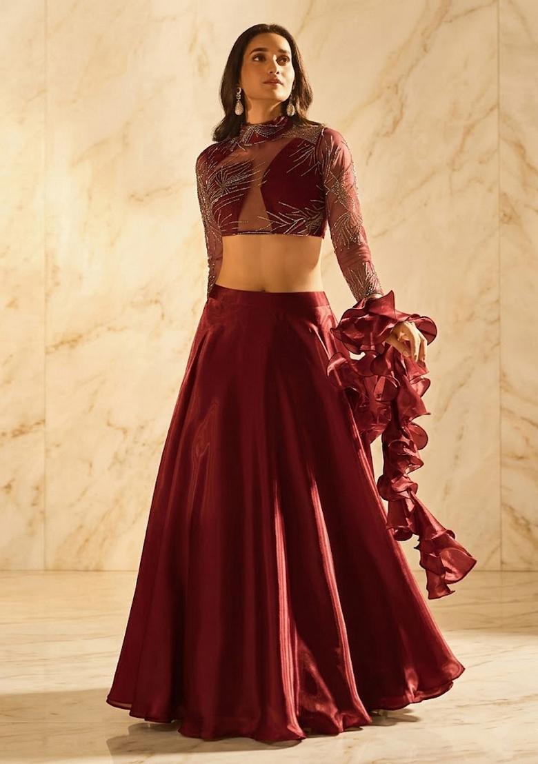 Maroon Embroidered Handwork Lehenga Set - Indya