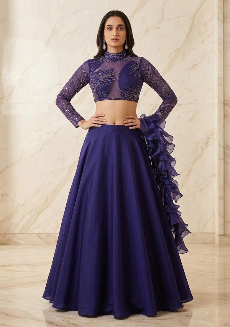 Dark Violet Embroidered Handwork Fusion Set - Indya