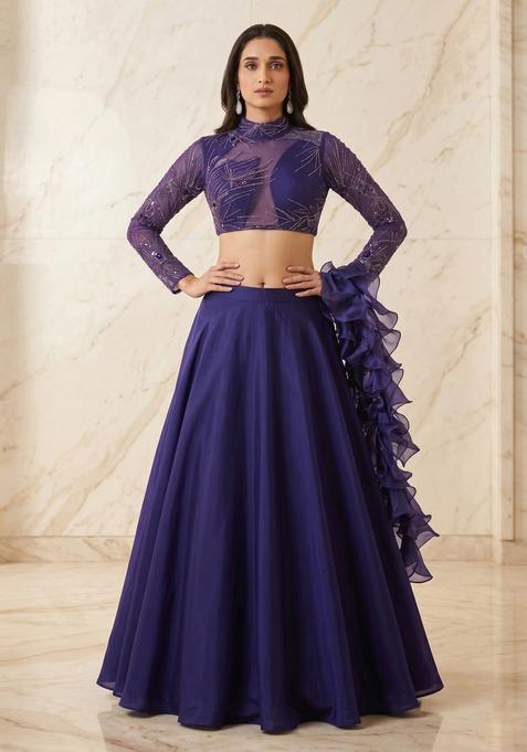 Dark Violet Embroidered Handwork Fusion Set
