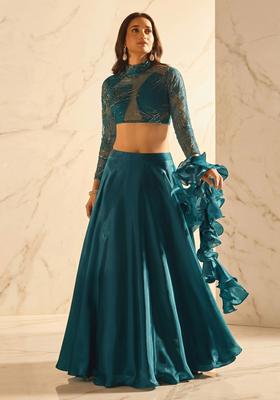 Teal Embroidered Handwork Lehenga Set