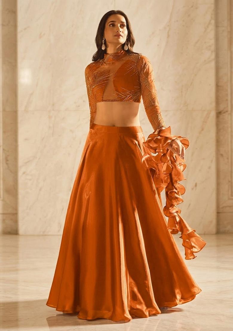 Orange Embroidered Handwork Lehenga Set - Indya