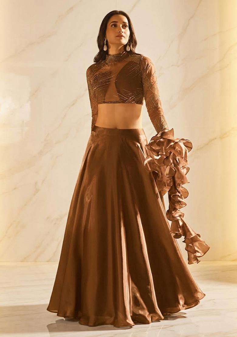 Mustard Brown Embroidered Handwork Lehenga Set - Indya