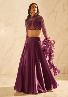 Dark Violet Embroidered Handwork Fusion Set