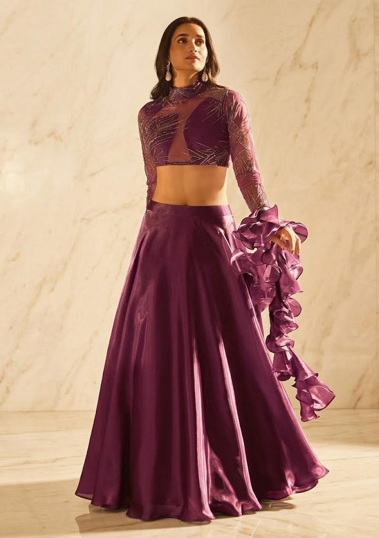 Dark Violet Embroidered Handwork Fusion Set - Indya