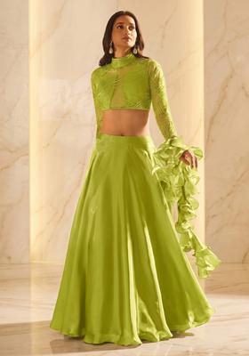 Lime Green Embroidered Handwork Lehenga Set