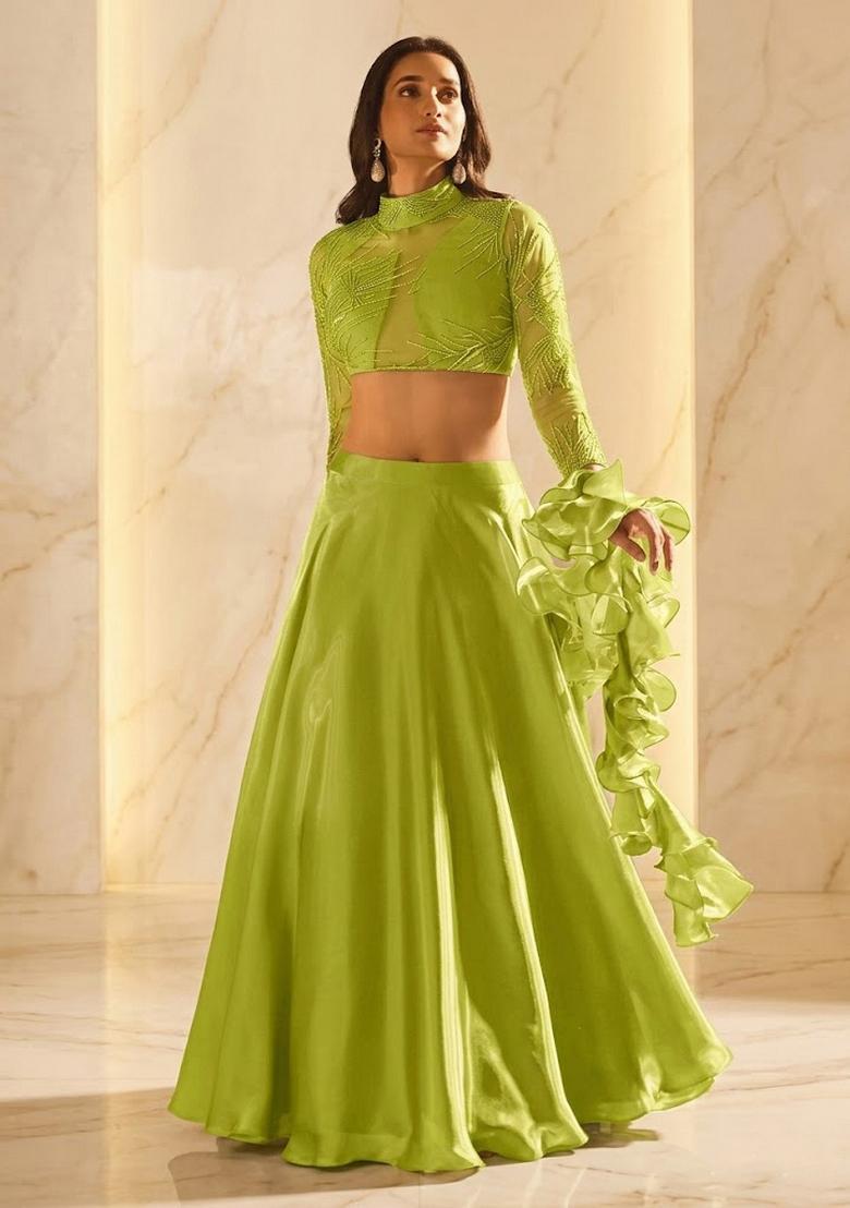 Lime Green Embroidered Handwork Lehenga Set - Indya