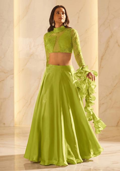 Lime Green Embroidered Handwork Lehenga Set