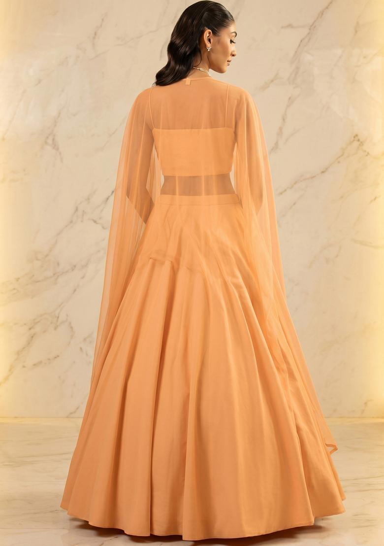 Light Orange Embroidered Handwork Lehenga Set - Indya