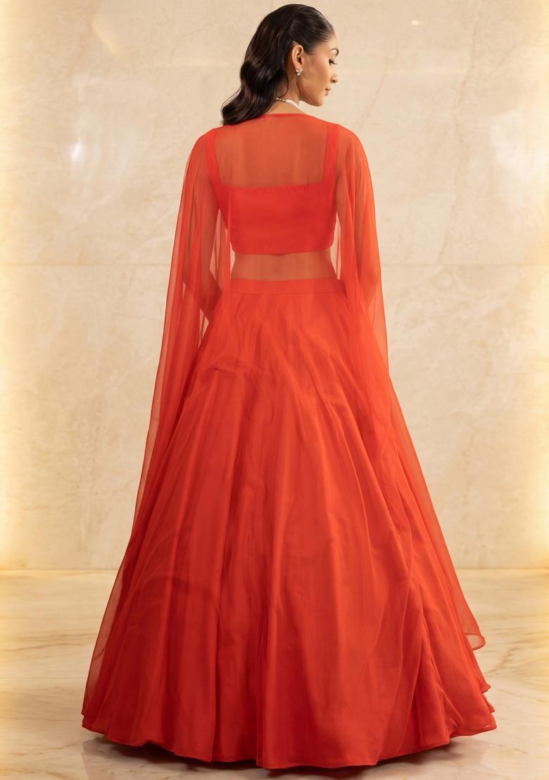 Orange Embroidered Handwork Lehenga Set - Indya