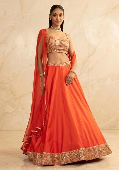 Orange Embroidered Handwork Lehenga Set