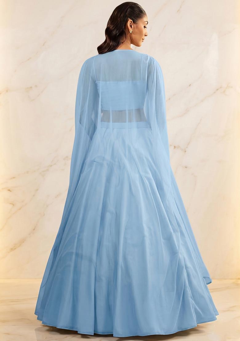 Sky Blue Embroidered Handwork Lehenga Set - Indya