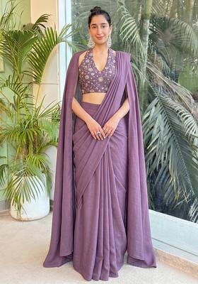 Mauve Embroidered Tissue Pre Draped Saree Set